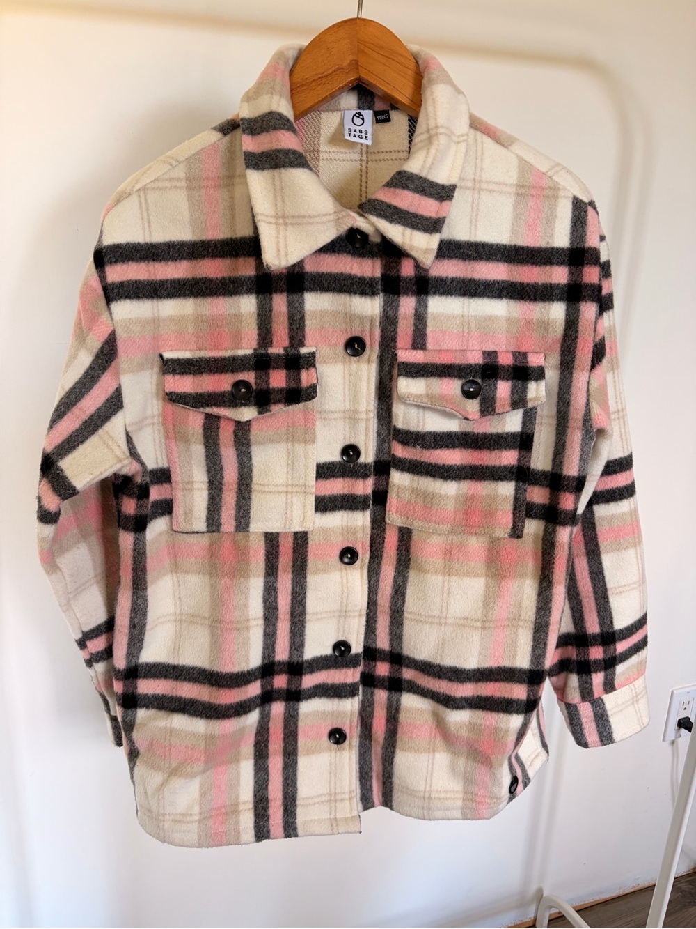 SABᵒ̲ TAGE Plaid Button-Up Shacket Jacket - Cream & Pink - XS